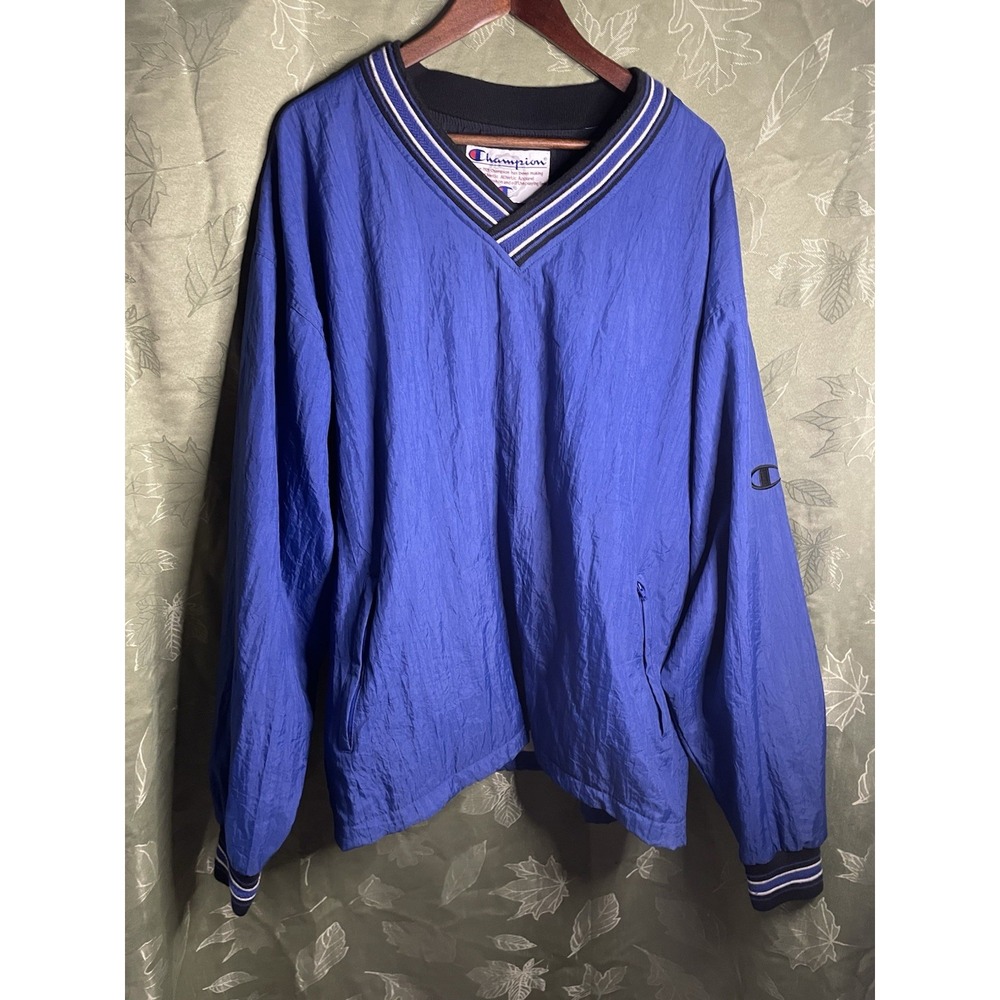 VINTAGE‎ Champion Windbreaker Mens XL Blue Jacket V Neck 90s Athletic Lined Y2K